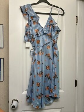 Light Blue Floral Ruffle Midi Wrap Dress
